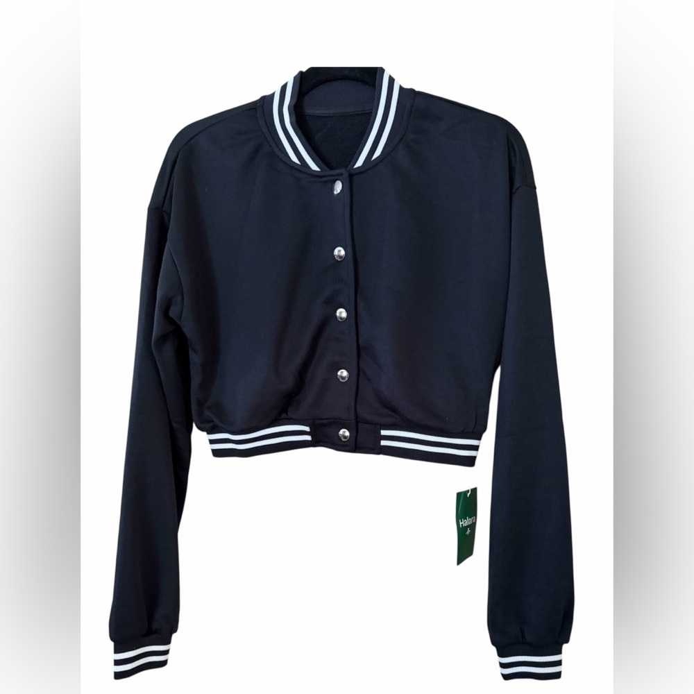 Halara Black Snap-Up Crop Bomber Varsity Jacket Ribbed Striped Trim, Size S